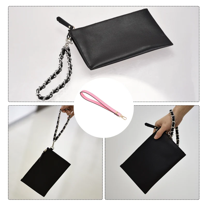 Leather Wristlet Strap, 7.48" Hand Wrist Lanyard Bag Chain, Pink+Gold