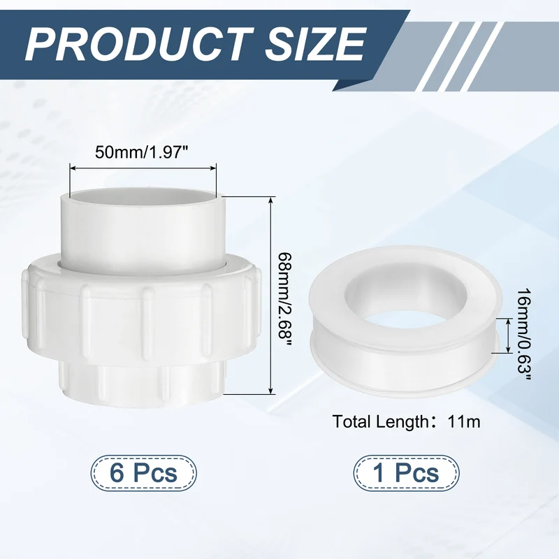 6Pcs 50mm(1-1/2") PVC-Union Coupling Pipe Fitting Slip Joint Adapter, White