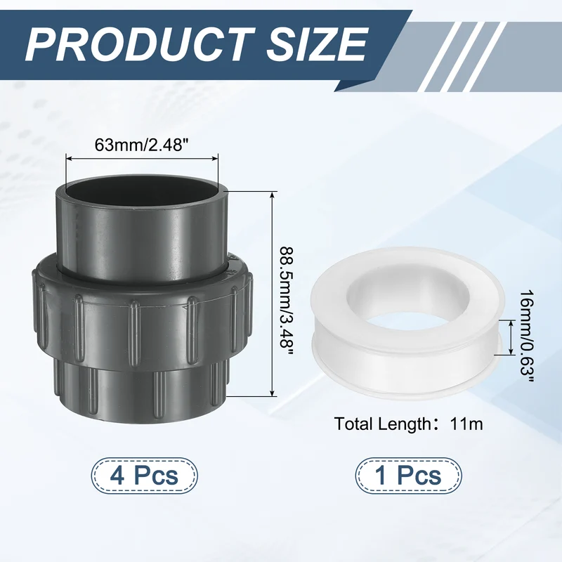 4Pcs 63mm(2") PVC-Union Coupling Pipe Fitting Slip Joint Adapter, Gray