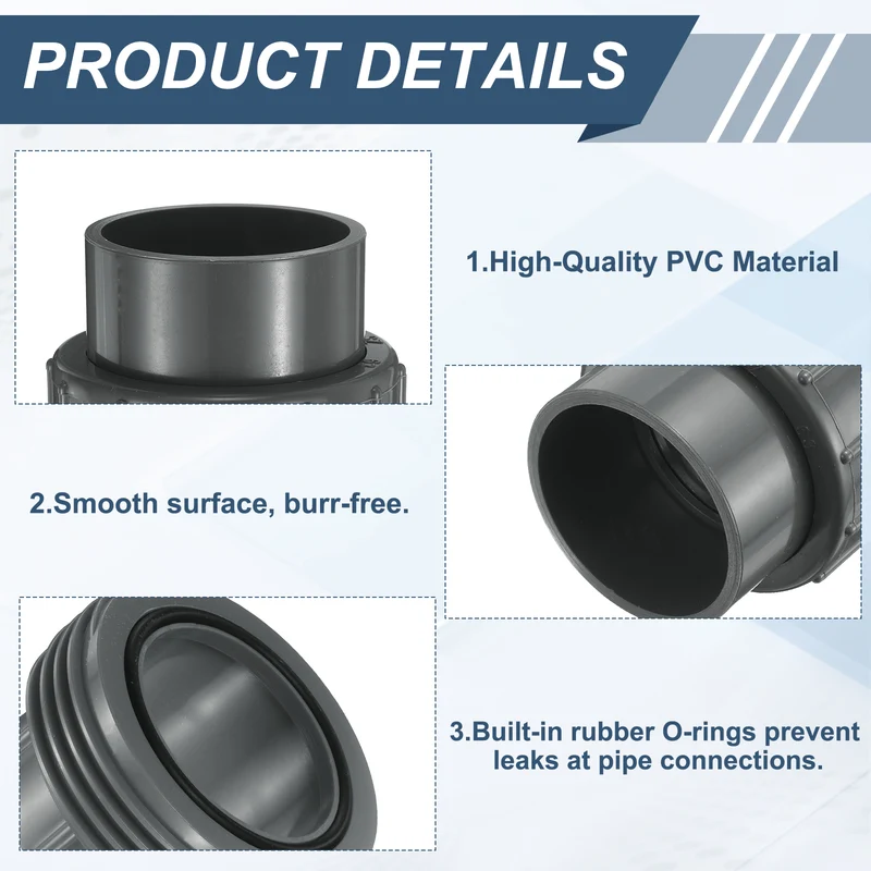 4Pcs 63mm(2") PVC-Union Coupling Pipe Fitting Slip Joint Adapter, Gray