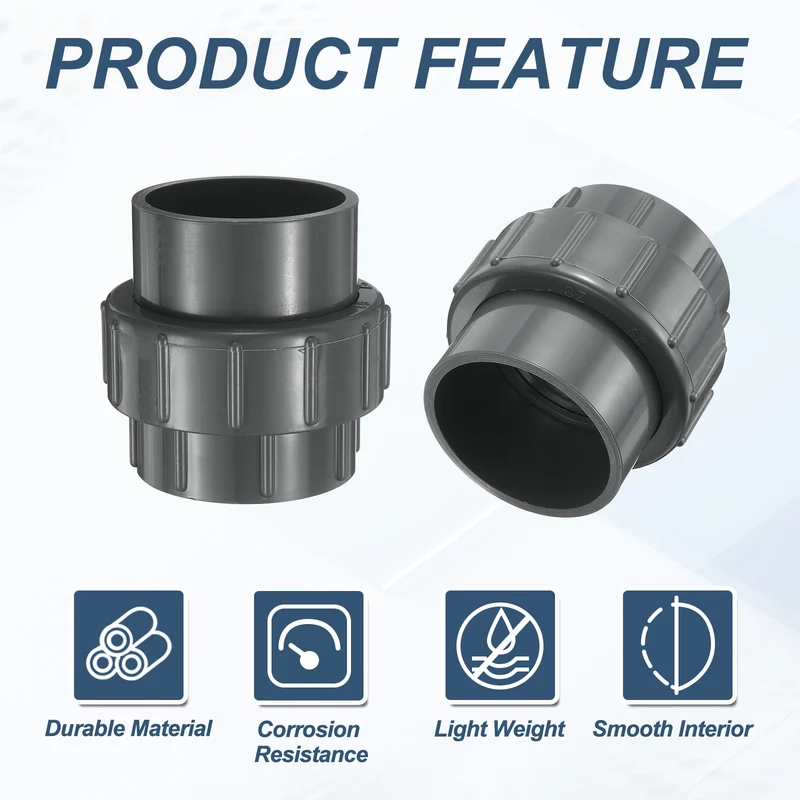 4Pcs 63mm(2") PVC-Union Coupling Pipe Fitting Slip Joint Adapter, Gray