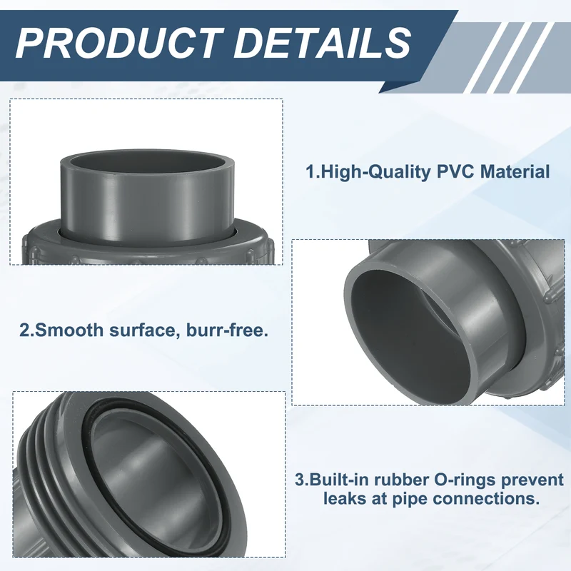 4Pcs 50mm(1-1/2") PVC-Union Coupling Pipe Fitting Slip Joint Adapter, Gray