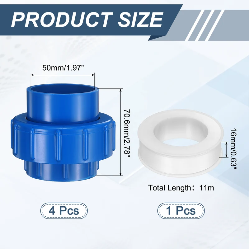 4Pcs 50mm(1-1/2") PVC-Union Coupling Pipe Fitting Slip Joint Adapter, Blue