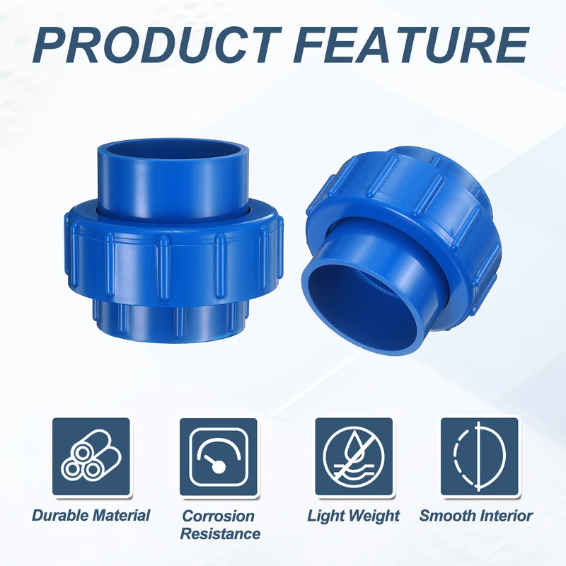 4Pcs 50mm(1-1/2") PVC-Union Coupling Pipe Fitting Slip Joint Adapter, Blue