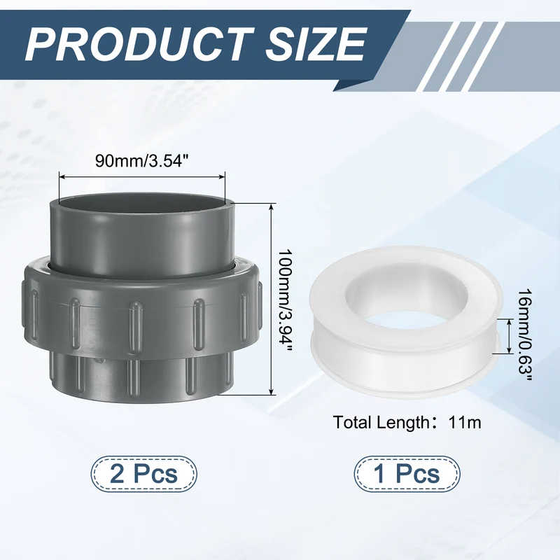 2Pcs 90mm(3") PVC-Union Coupling Pipe Fitting Slip Joint Adapter, Gray