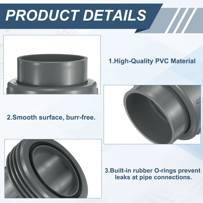 2Pcs 90mm(3") PVC-Union Coupling Pipe Fitting Slip Joint Adapter, Gray