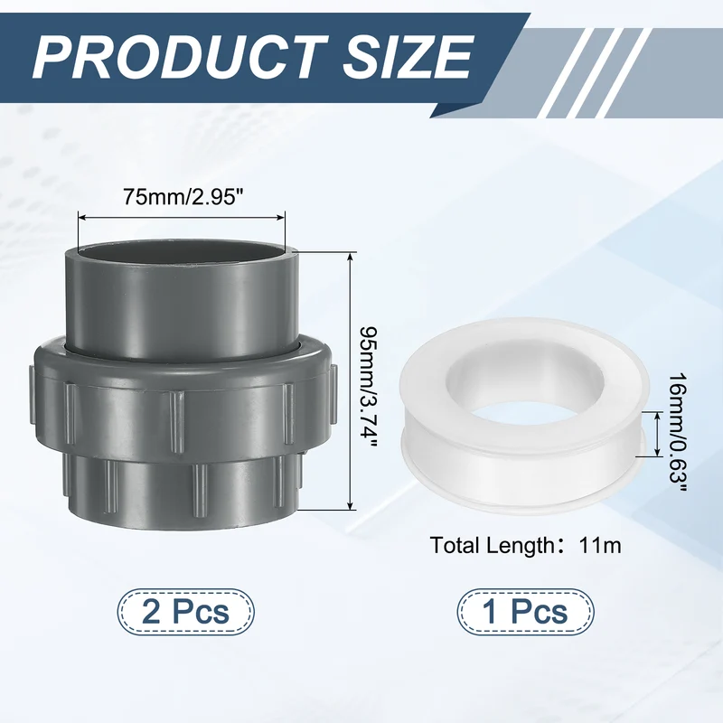 2Pcs 75mm(2-1/2") PVC-Union Coupling Pipe Fitting Slip Joint Adapter, Gray