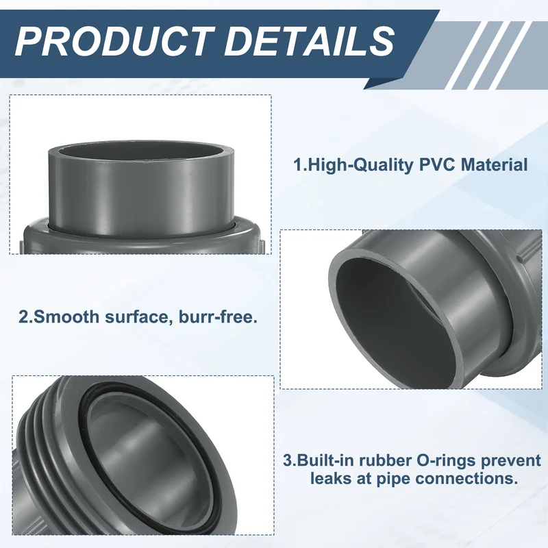 2Pcs 75mm(2-1/2") PVC-Union Coupling Pipe Fitting Slip Joint Adapter, Gray