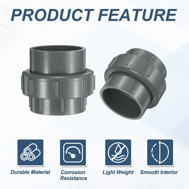 2Pcs 75mm(2-1/2") PVC-Union Coupling Pipe Fitting Slip Joint Adapter, Gray
