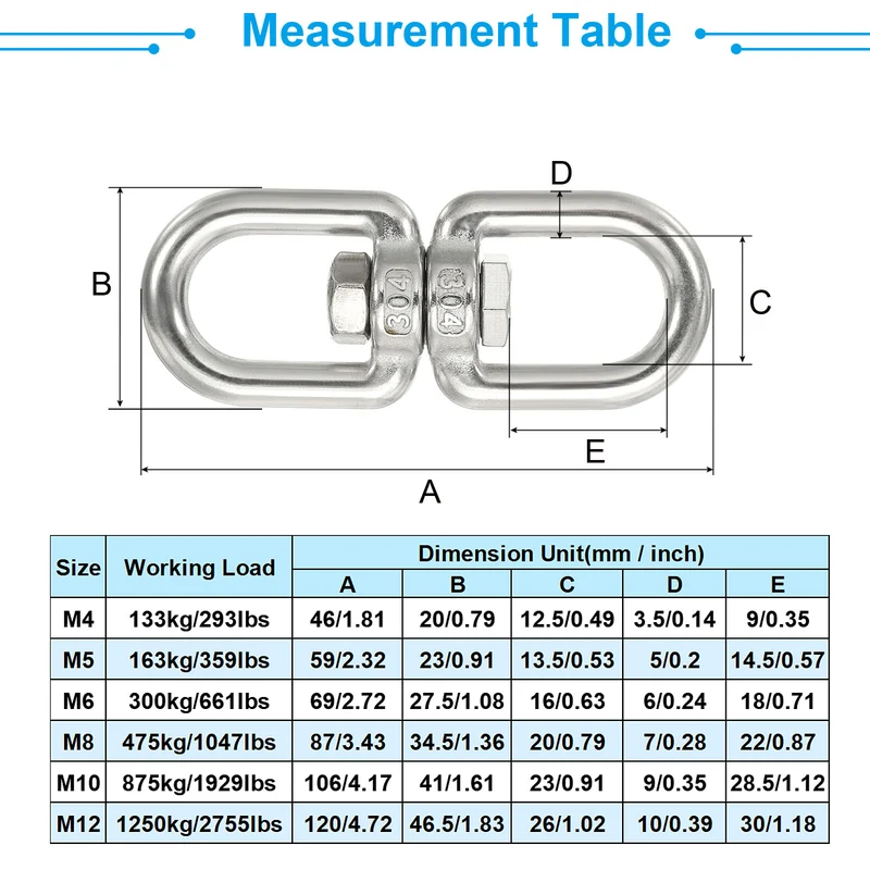 2Pcs Double Ended Swivel Eye Hook M4 Working Load 133kg/293lbs, for Hanging
