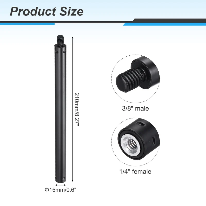 Metal Microphone Stand Extension Tube 3/8" male to 1/4" Mic Extension Pipe Black