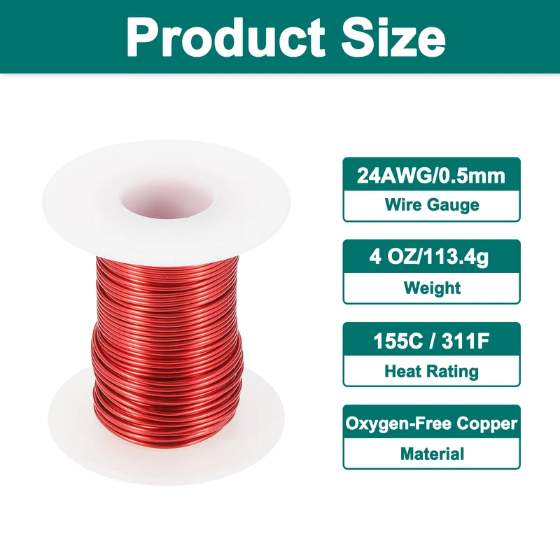 24 AWG Magnet Wire, 24 Gauge 4 oz Enameled Copper Wire, 155C(311F), Red,White
