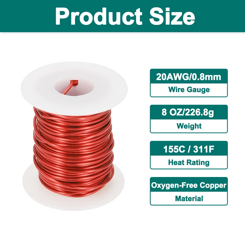 20 AWG Magnet Wire, 20 Gauge 8 oz Enameled Copper Wire, 155C(311F), Red,White