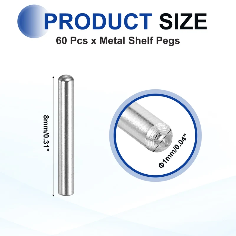 60 Pcs 1x8 mm 304 Stainless Steel Round Head Flat Chamfered End Dowel Pins