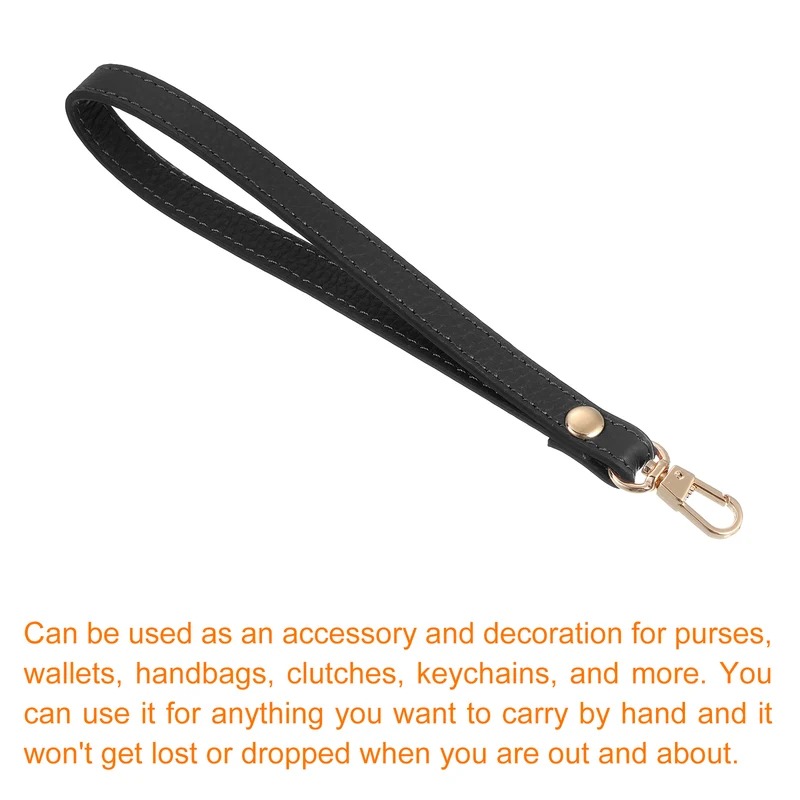 Leather Wristlet Strap 7.48" Hand Wrist Lanyard Bag Chain Black+Gold