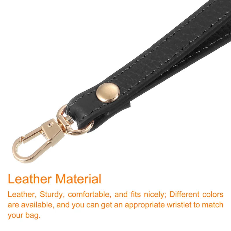 Leather Wristlet Strap 7.48" Hand Wrist Lanyard Bag Chain Black+Gold