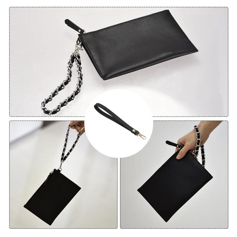 Leather Wristlet Strap 7.48" Hand Wrist Lanyard Bag Chain Black+Gold