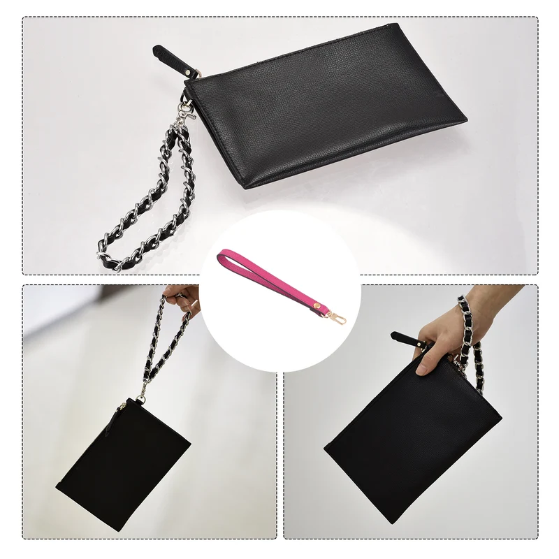 Leather Wristlet Strap, 7.48" Hand Wrist Lanyard Bag Chain, Rose Red+Gold