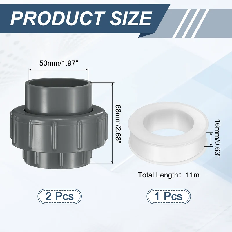 2Pcs 50mm(1-1/2") PVC-Union Coupling Pipe Fitting Slip Joint Adapter, Gray