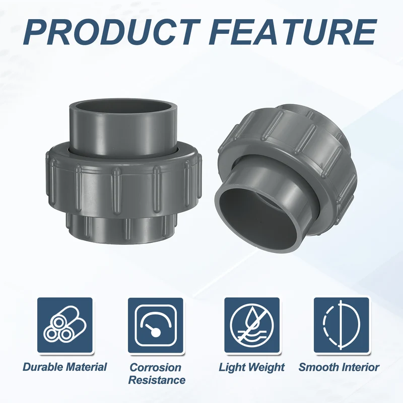 2Pcs 50mm(1-1/2") PVC-Union Coupling Pipe Fitting Slip Joint Adapter, Gray