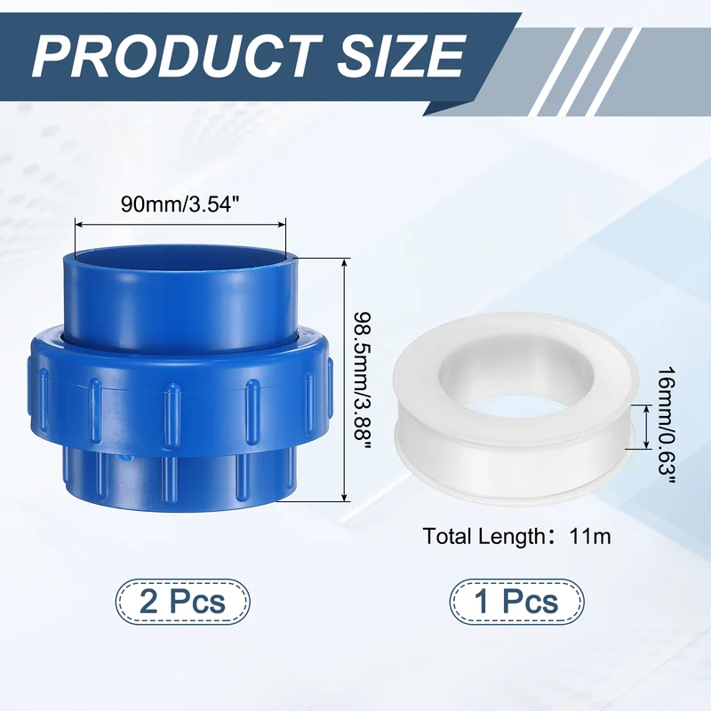 2Pcs 90mm(3") PVC-Union Coupling Pipe Fitting Slip Joint Adapter, Blue