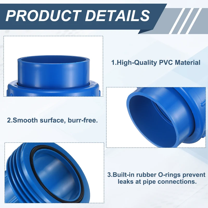 2Pcs 90mm(3") PVC-Union Coupling Pipe Fitting Slip Joint Adapter, Blue
