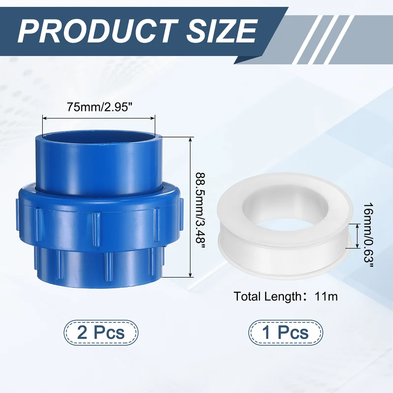 2Pcs 75mm(2-1/2") PVC-Union Coupling Pipe Fitting Slip Joint Adapter, Blue