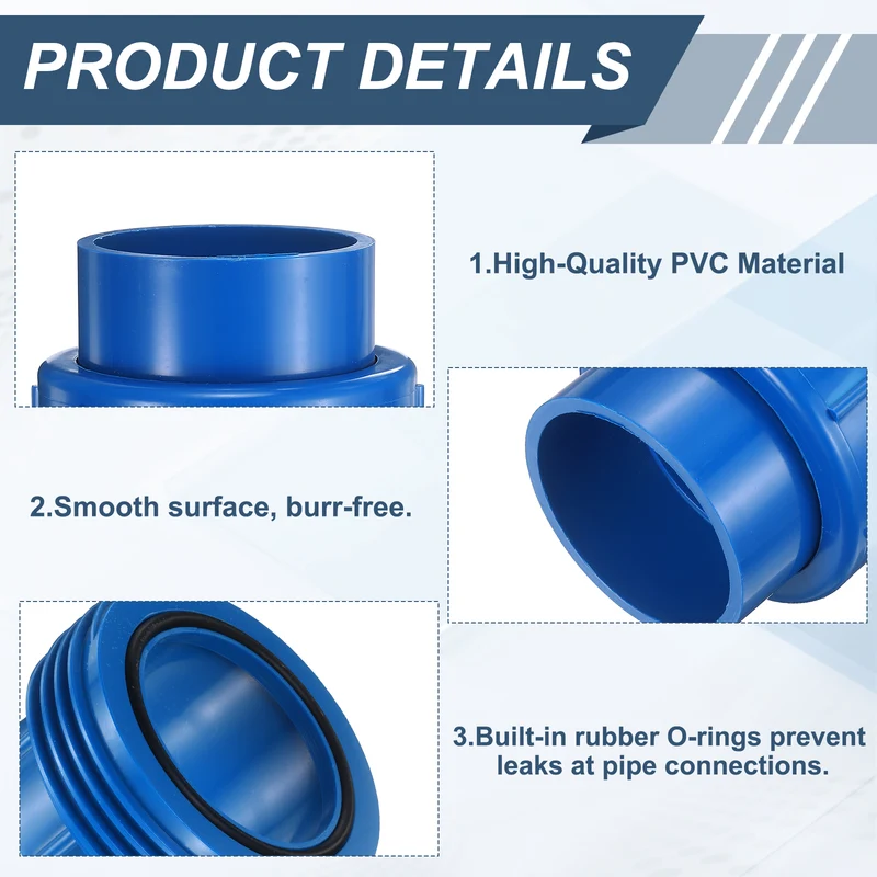 2Pcs 75mm(2-1/2") PVC-Union Coupling Pipe Fitting Slip Joint Adapter, Blue