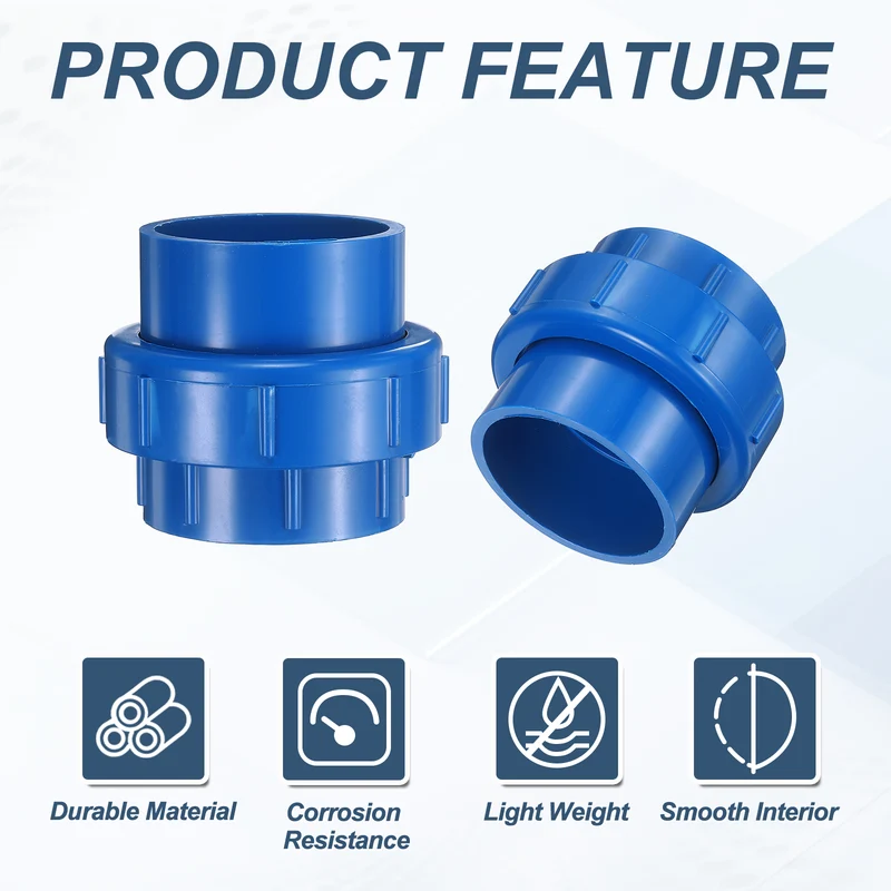 2Pcs 75mm(2-1/2") PVC-Union Coupling Pipe Fitting Slip Joint Adapter, Blue