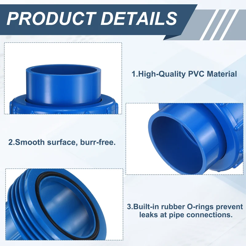 2Pcs 50mm(1-1/2") PVC-Union Coupling Pipe Fitting Slip Joint Adapter, Blue