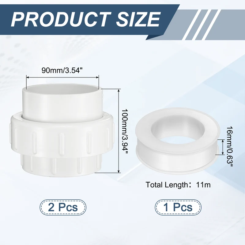 2Pcs 90mm(3") PVC-Union Coupling Pipe Fitting Slip Joint Adapter, White