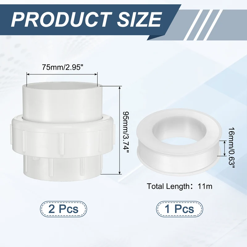 2Pcs 75mm(2-1/2") PVC-Union Coupling Pipe Fitting Slip Joint Adapter, White