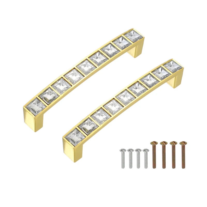U Shape Crystal Glass Drawer Cabinet Pulls, Gold (3.8" Hole Centers, 2 Pack)