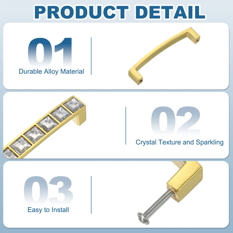 U Shape Crystal Glass Drawer Cabinet Pulls, Gold (3.8" Hole Centers, 2 Pack)