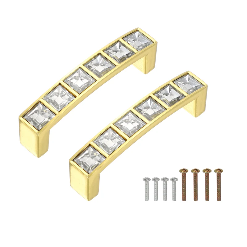 U Shape Crystal Glass Drawer Cabinet Pulls, Gold (2.5" Hole Centers, 2 Pack)