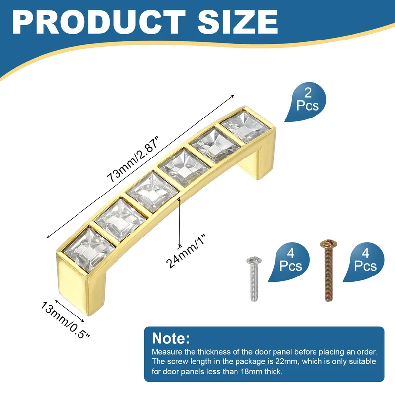 U Shape Crystal Glass Drawer Cabinet Pulls, Gold (2.5" Hole Centers, 2 Pack)