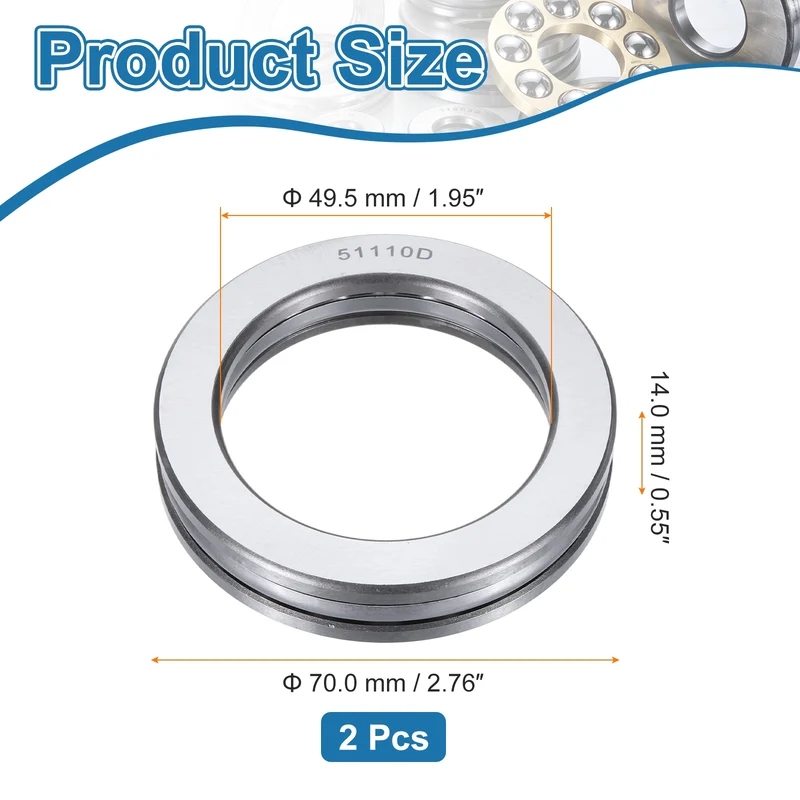 51110D Thrust Ball Bearing, Axial Ball Bearing 49.5x70x14mm 2Pcs