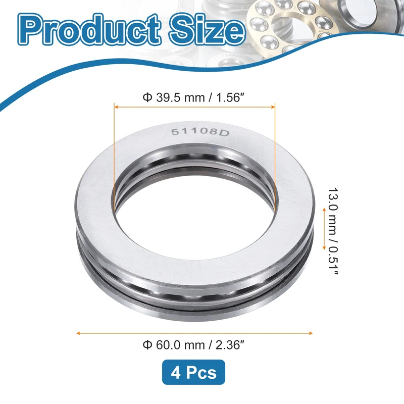 51108D Thrust Ball Bearing, Axial Ball Bearing 39.5x60x13mm 4Pcs