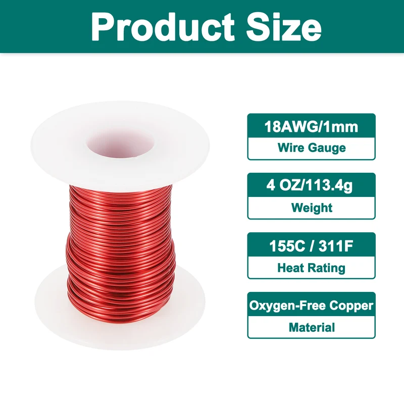 18 AWG Magnet Wire, 18 Gauge 4 oz Enameled Copper Wire, 155C(311F), Red,White