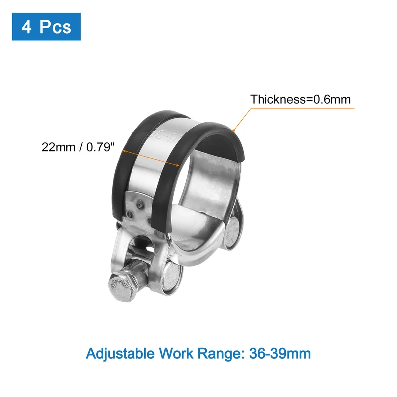 T-Bolt Hose Clamp, 36-39mm Adjustable Stainless Steel Pipe Clamps, 4Pcs