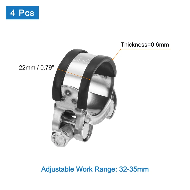 T-Bolt Hose Clamp, 32-35mm Adjustable Stainless Steel Pipe Clamps, 4Pcs
