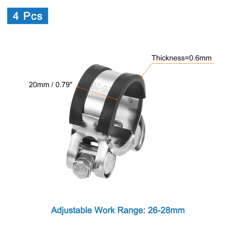 T-Bolt Hose Clamp, 26-28mm Adjustable Stainless Steel Pipe Clamps, 4Pcs