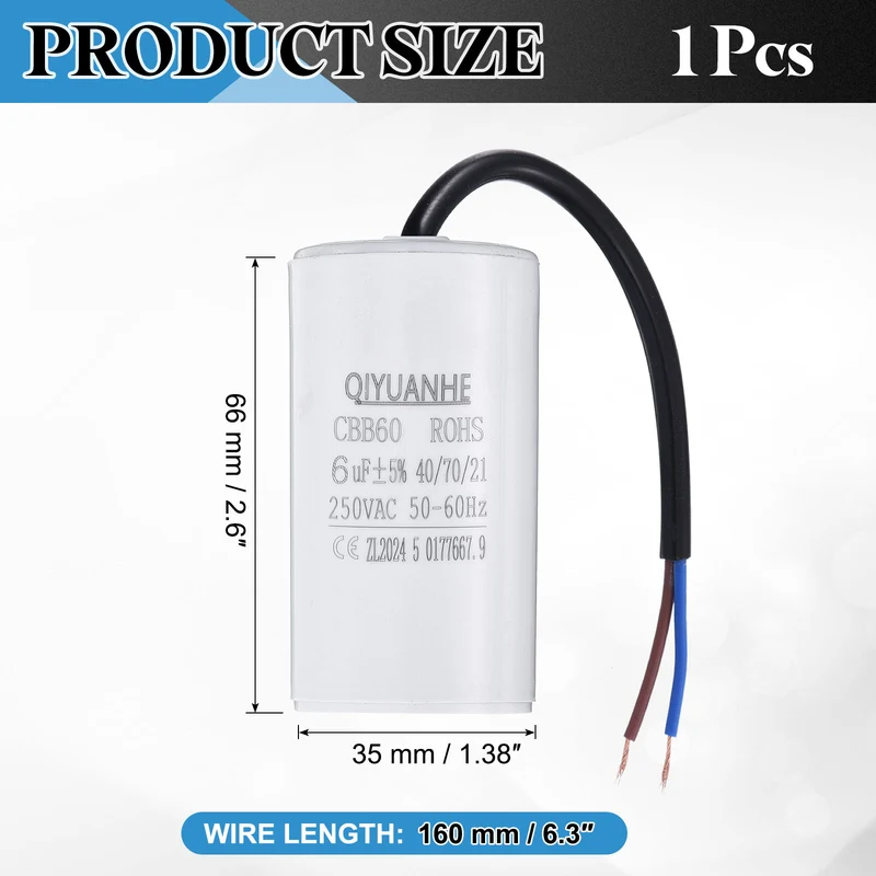 CBB60 6uf Running Capacitor 250VAC 50/60Hz 66x35mm