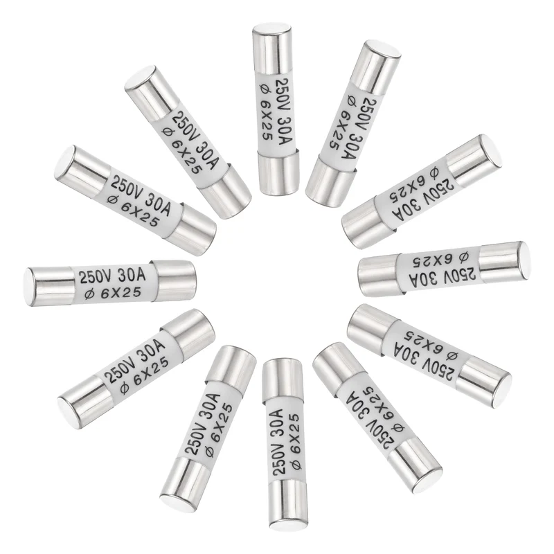 12 Pcs Ceramic Cartridge Fuse 30A 250V 0.24"x0.98" Silver White, for Appliance
