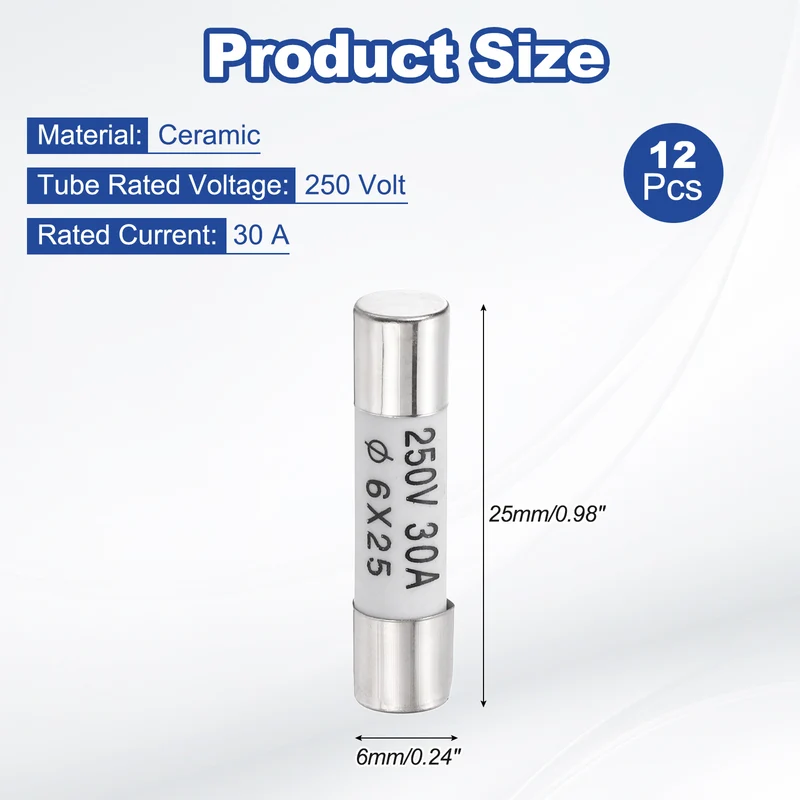 12 Pcs Ceramic Cartridge Fuse 30A 250V 0.24"x0.98" Silver White, for Appliance