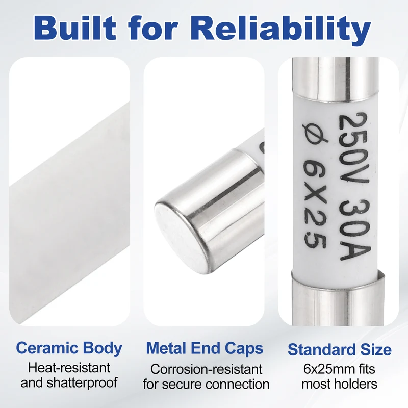 12 Pcs Ceramic Cartridge Fuse 30A 250V 0.24"x0.98" Silver White, for Appliance