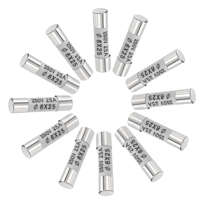 12 Pcs Ceramic Cartridge Fuse 25A 250V 0.24"x0.98" Silver White, for Appliance