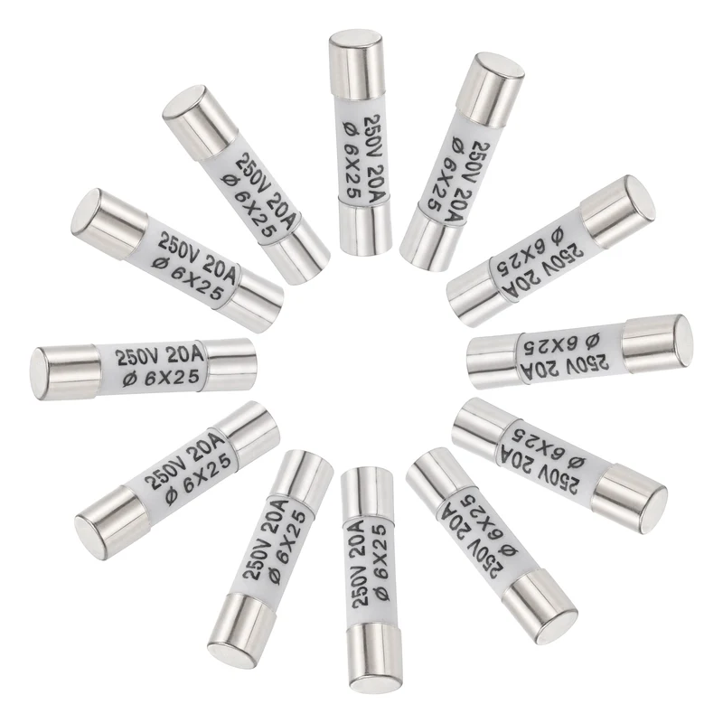 12 Pcs Ceramic Cartridge Fuse 20A 250V 0.24"x0.98" Silver White, for Appliance