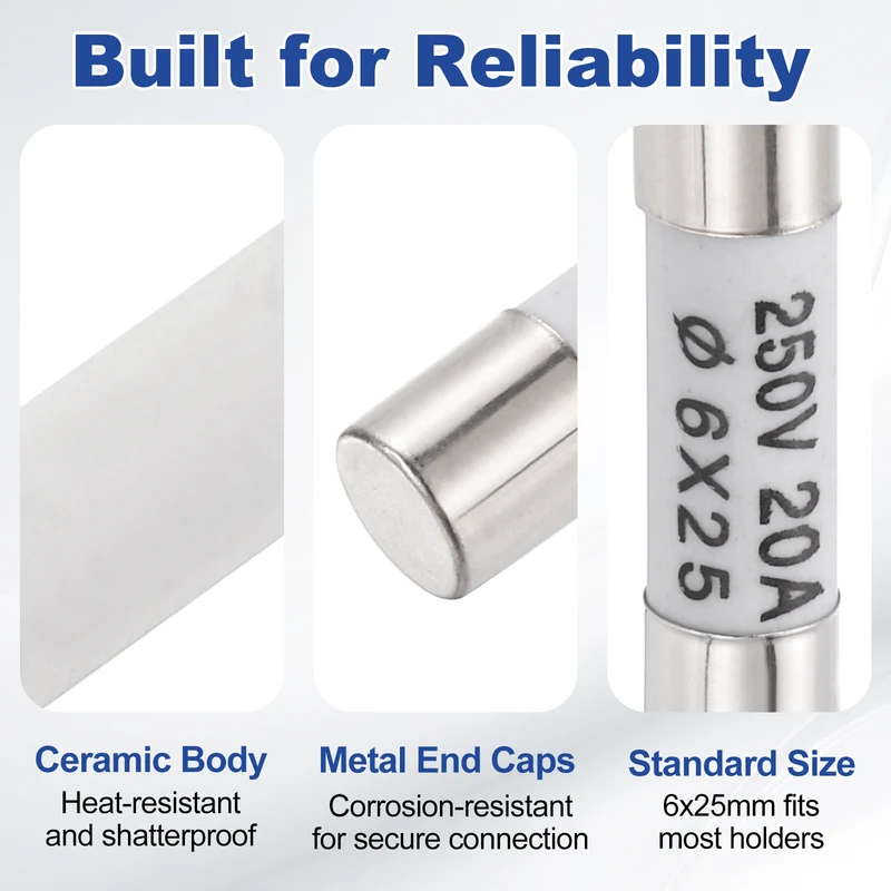 12 Pcs Ceramic Cartridge Fuse 20A 250V 0.24"x0.98" Silver White, for Appliance