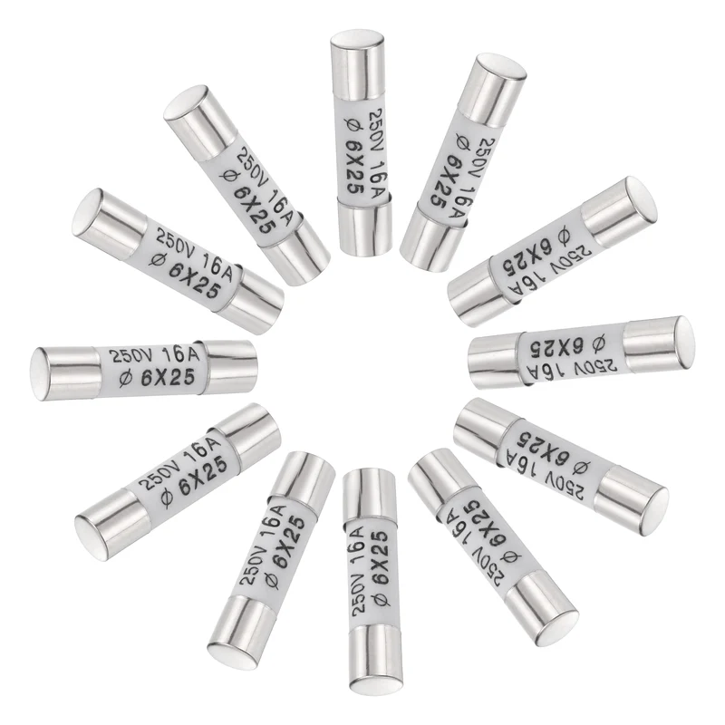 12 Pcs Ceramic Cartridge Fuse 16A 250V 0.24"x0.98" Silver White, for Appliance